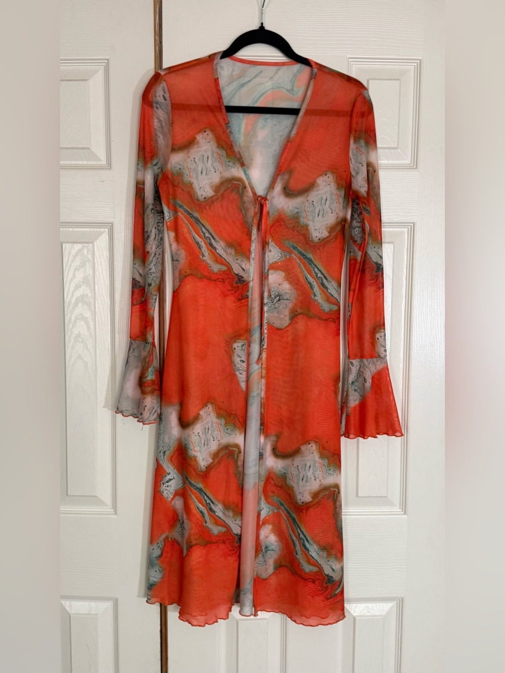 Y2K Sheer Mesh Marble Print Duster Cardigan Orange S M